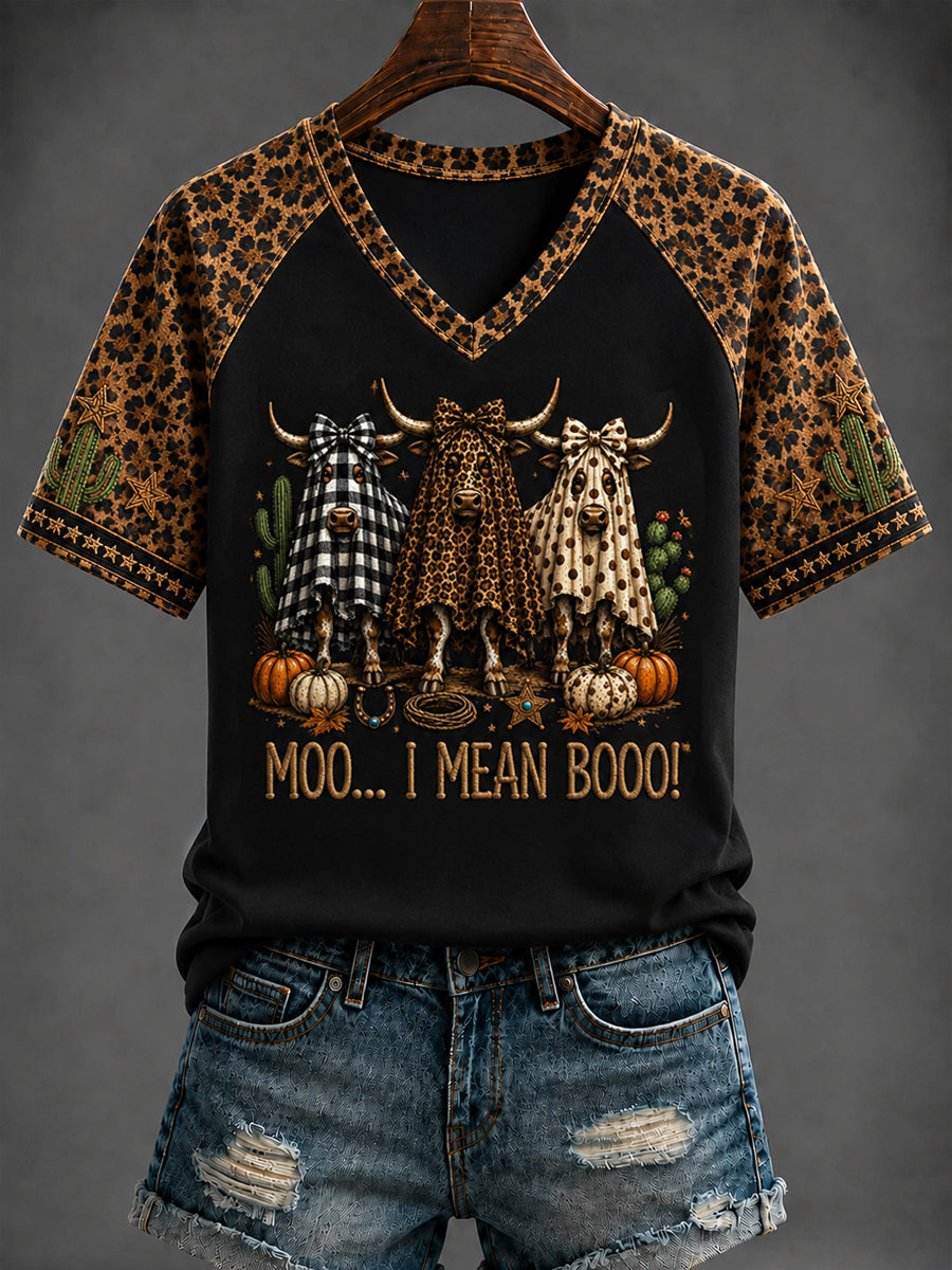 Women's Halloween Western “MOOO... I MEAN BOO!” Printed V-neck T-shirt