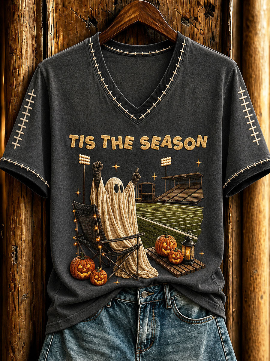 Women's Vintage Halloween Football Tis The Season Ghost Game Day Printed Casual T-shirt