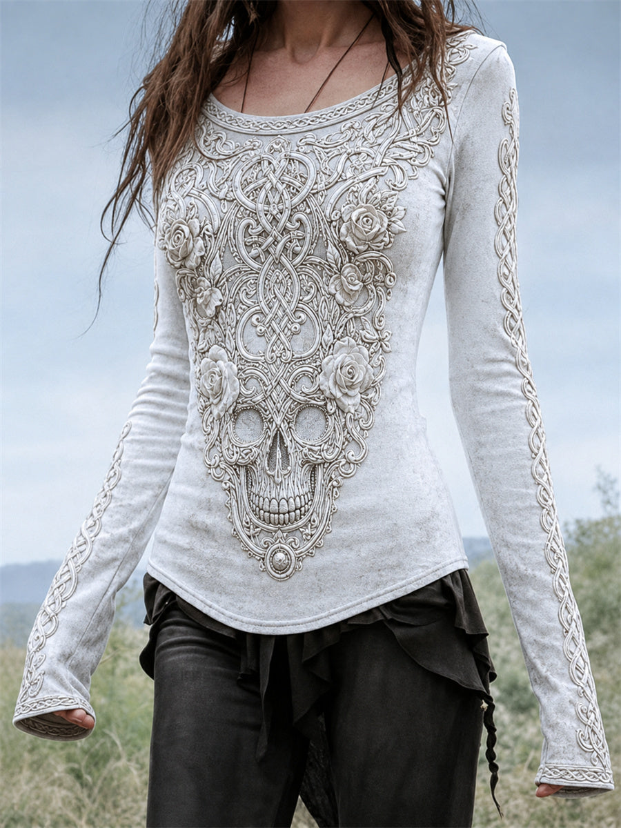 Women's Classy Celtic Skull Roses Viking Celtic Knot Print Round-Neck Long-Sleeve T-Shirt