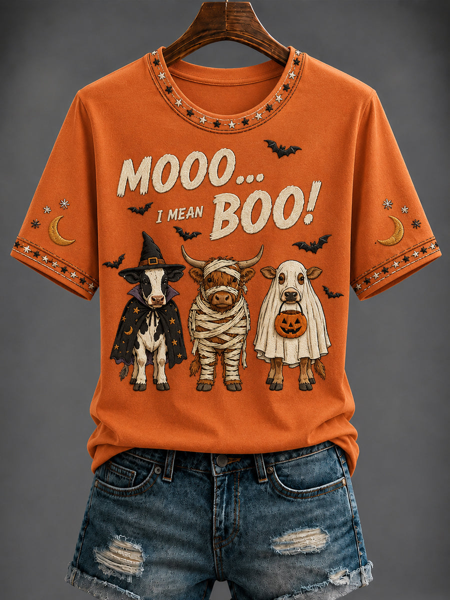 Women's Halloween Western “MOOO... I MEAN BOO!” Printed T-shirt