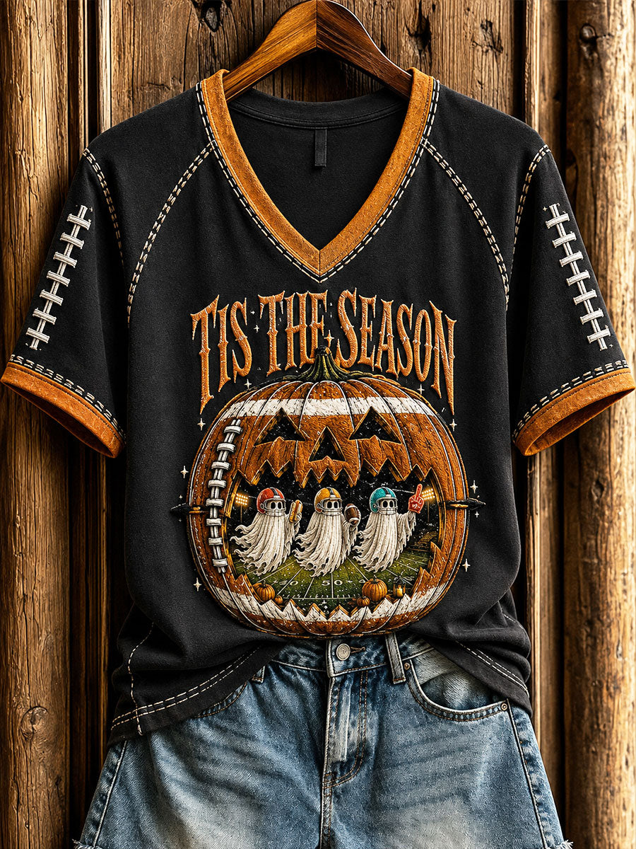 Women's Vintage Halloween Football Tis The Season Ghost Game Day Printed Casual T-shirt