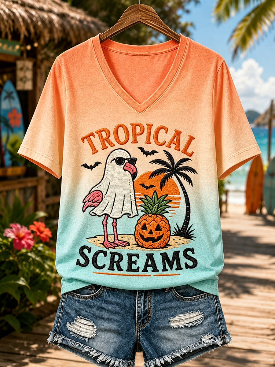 Women's Tropical Halloween Witchy Vacation Print T-shirt