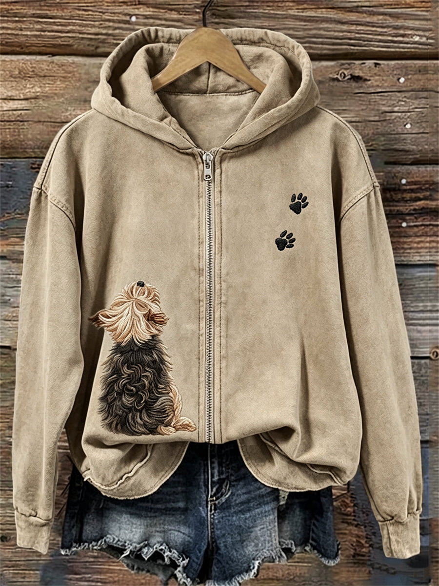 Women's Lovely Yorkshire Dog Back View Paw Prints Full Zip Hoodie