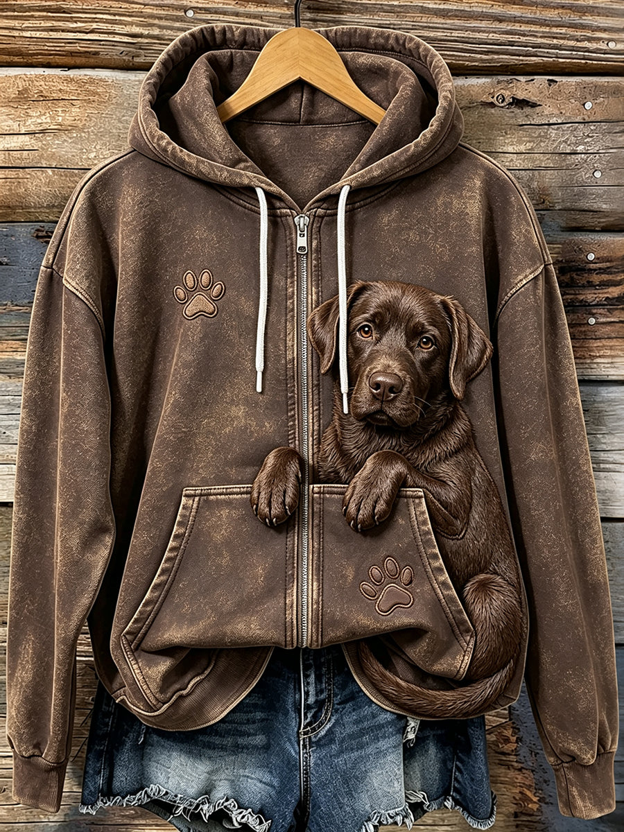Women's Vintage Peeking Chocolate Labrador Retriever & Paw Print Cozy Zip-Up Hoodie
