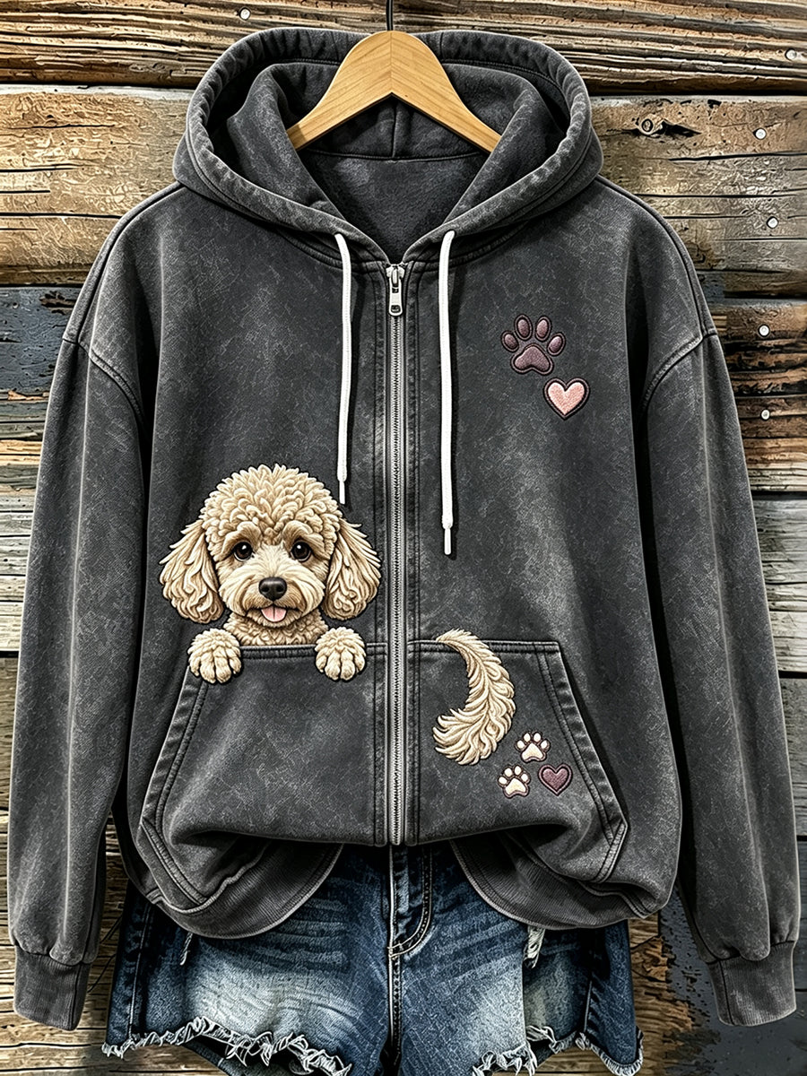 Women's Vintage Peeking Poodle & Paws Print Cozy Zip-Up Hoodie