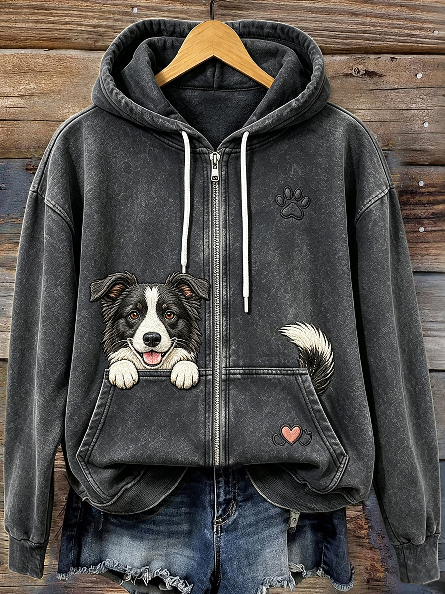Women's Vintage Peeking Border Collie & Paw Print Cozy Zip-Up Hoodie