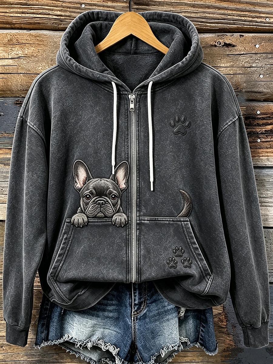 Women's Vintage Peeking French Bulldog & Paws Print Cozy Zip-Up Hoodie