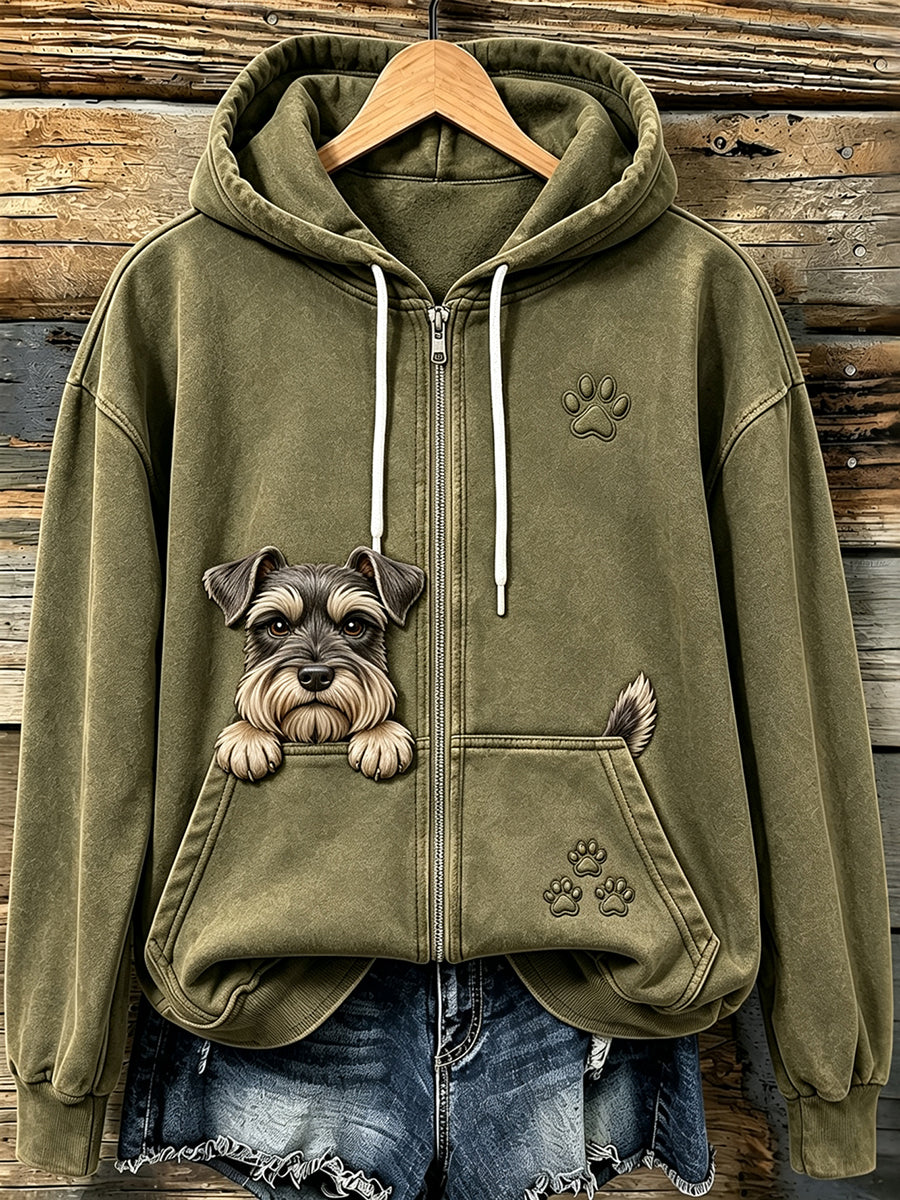 Women's Vintage Peeking Schnauzer & Paws Print Cozy Zip-Up Hoodie