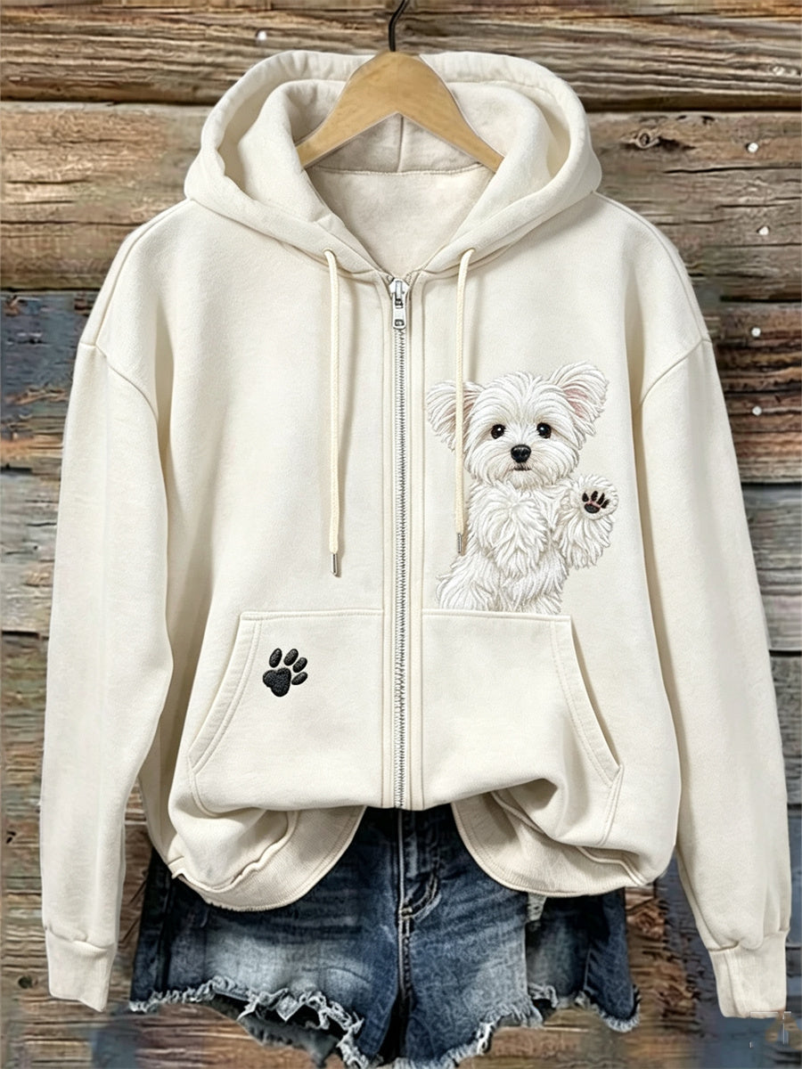 Women's Lovely Lying Maltese Dog & Paw Print Full Zip Hoodie