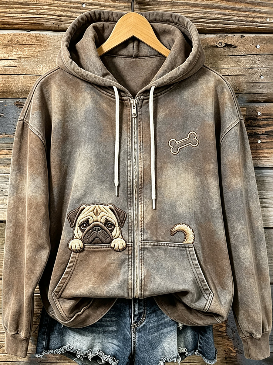 Women's Vintage Peeking Pug Dog & Bone Print Cozy Zip-Up Hoodie