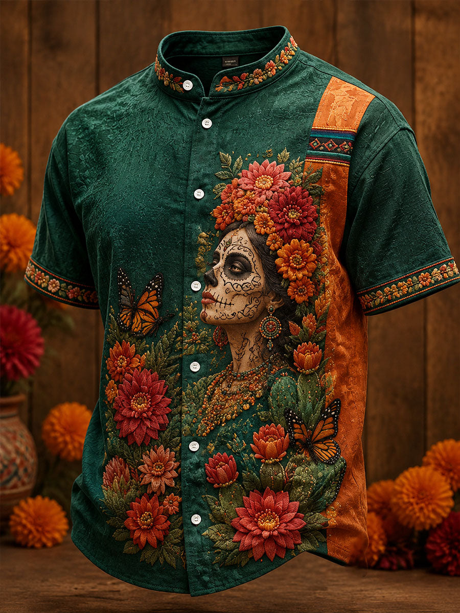 Men's Mexico Day of The Dead Floral Art Printed Linen Shirt