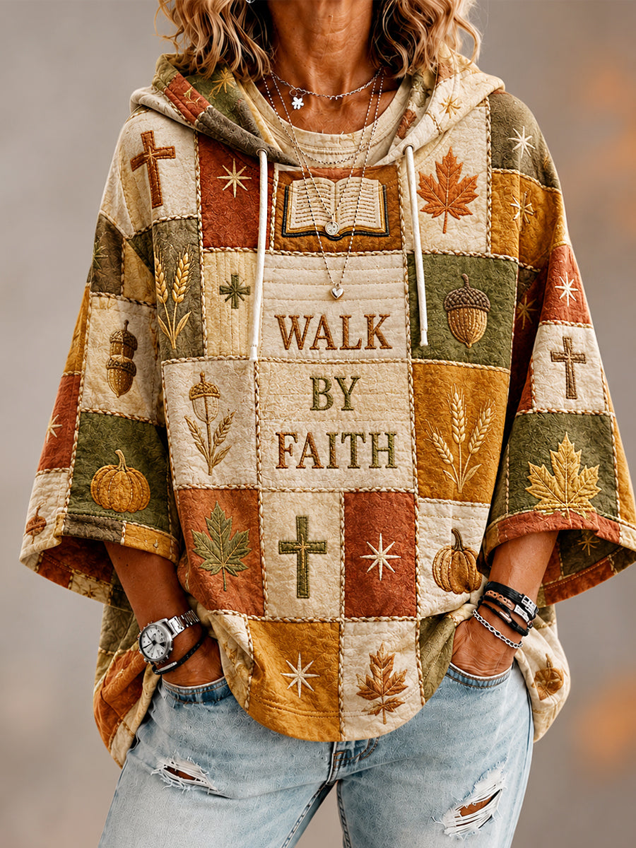 Women’s Fall Christian Walk By Faith Patchwork Print Casual 3/4 Sleeve Hoodie