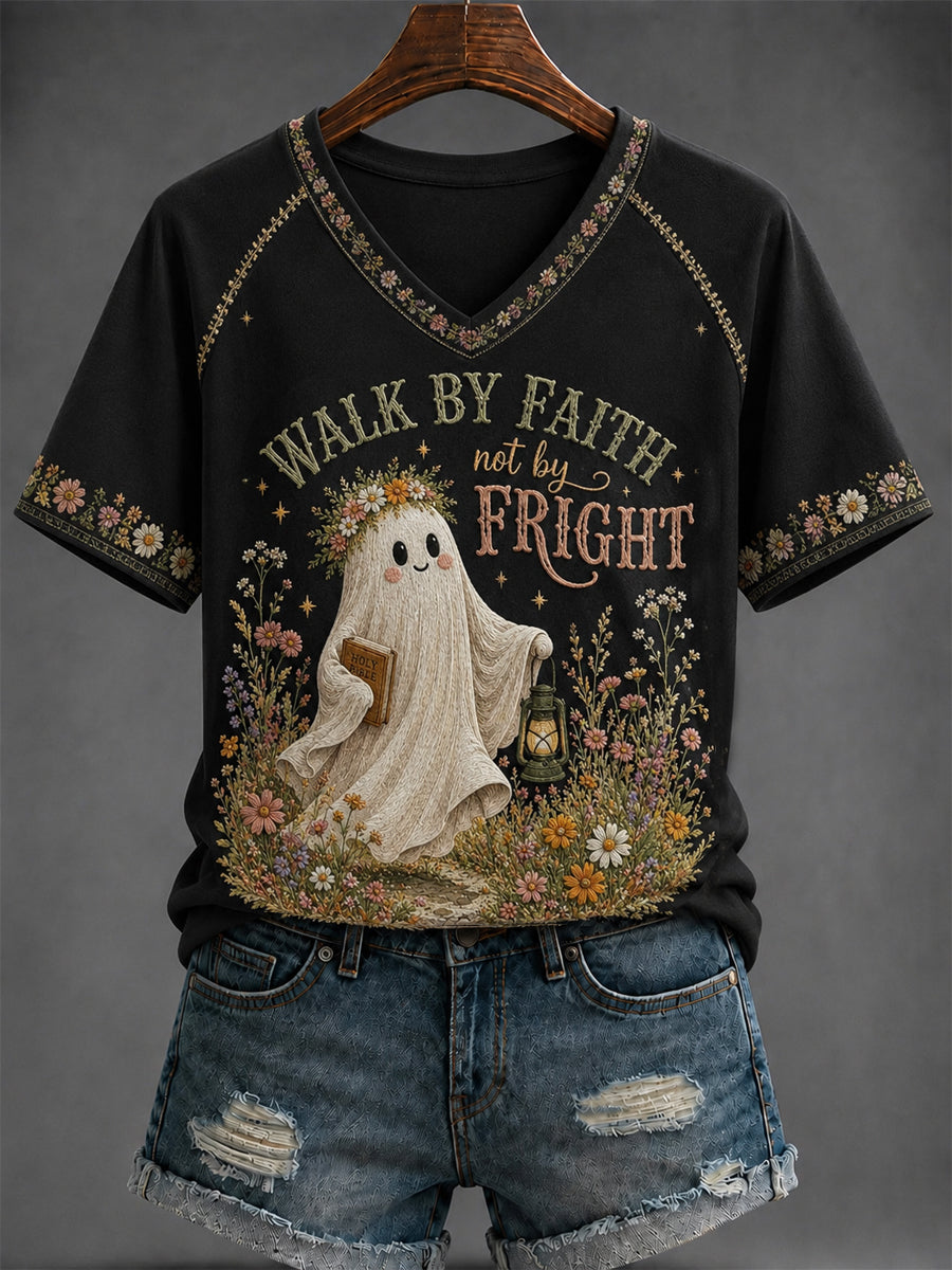 Women's “WALK BY FAITH NOT BY FRIGHT” Printed V-neck T-shirt