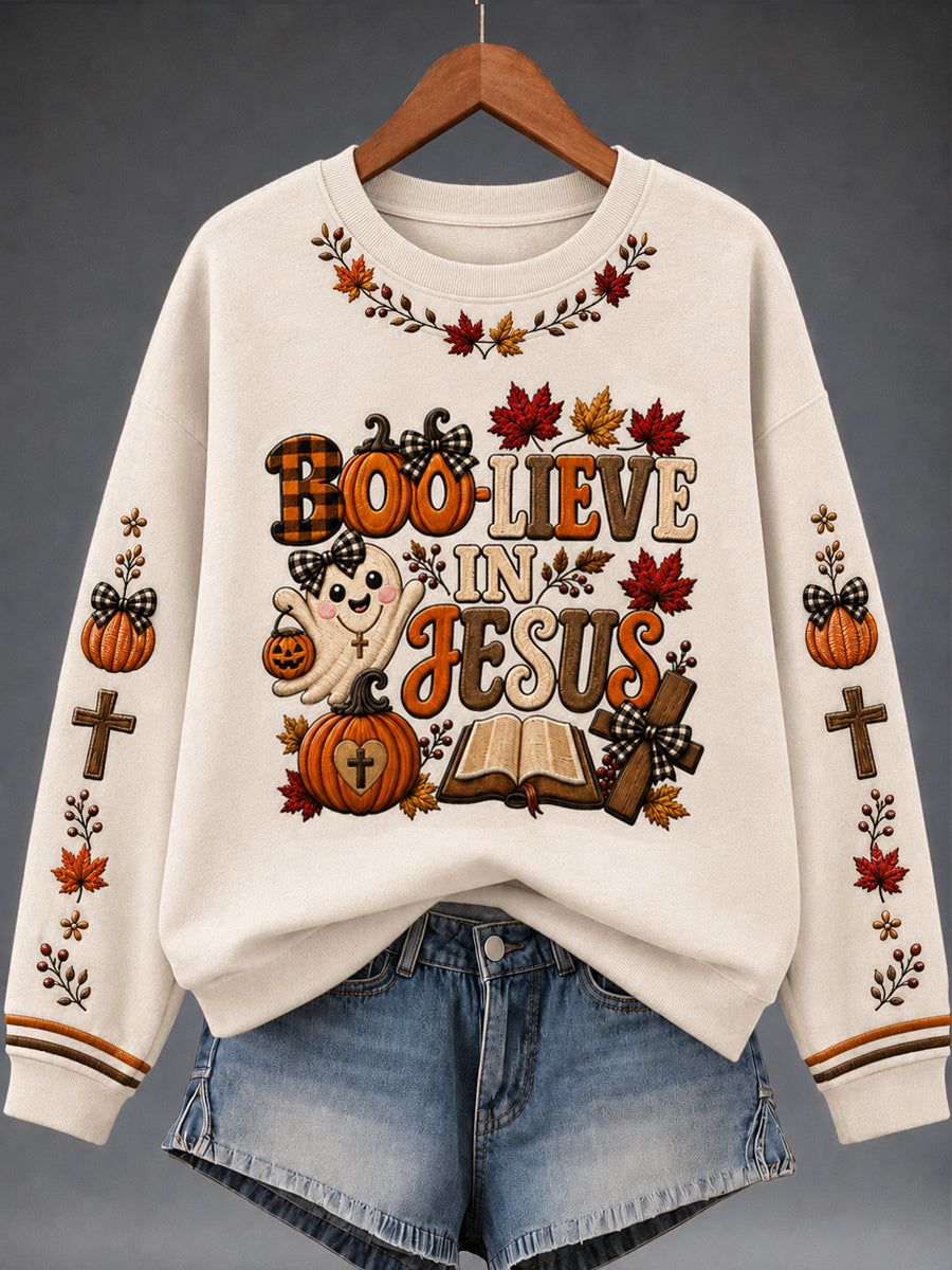Women's “BOO-LIEVE IN JESUS” Print Sweatshirt