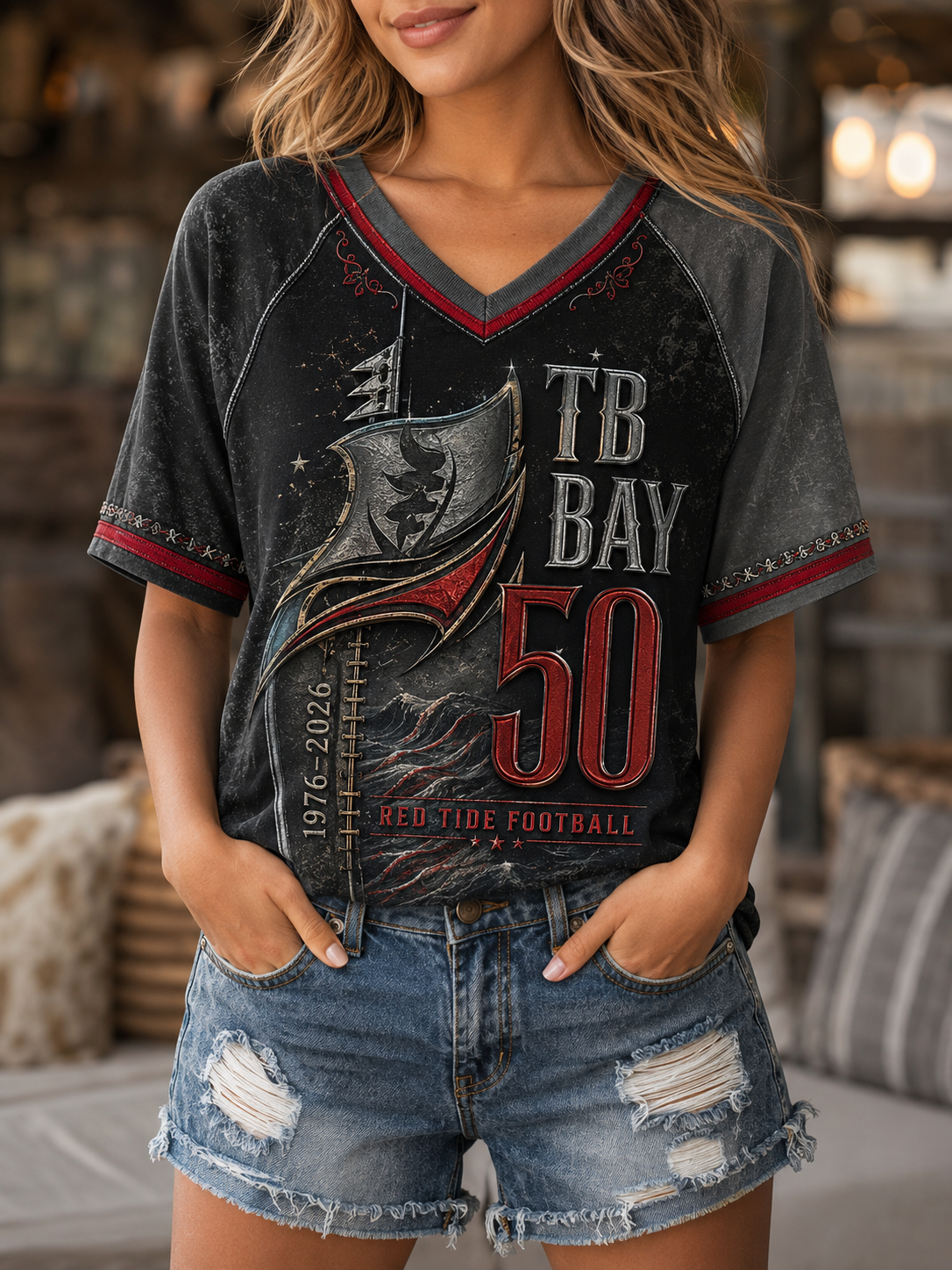 Women's Tampa Bay Buccaneers V-Neck Off-Shoulder Short-Sleeved T-Shirt