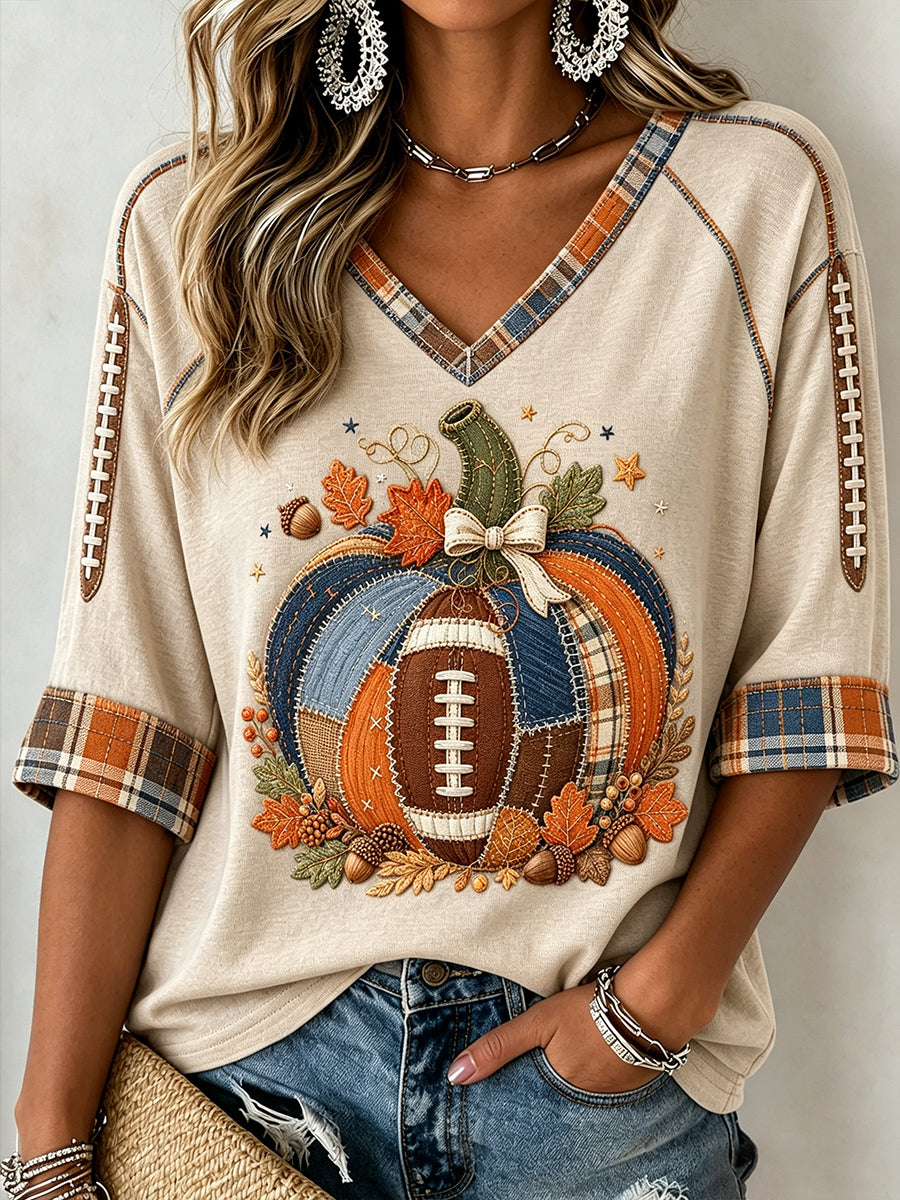 Women's Fall Patchwork Football Pumpkin Print Mid-length Sleeves V-Neck T-Shirt