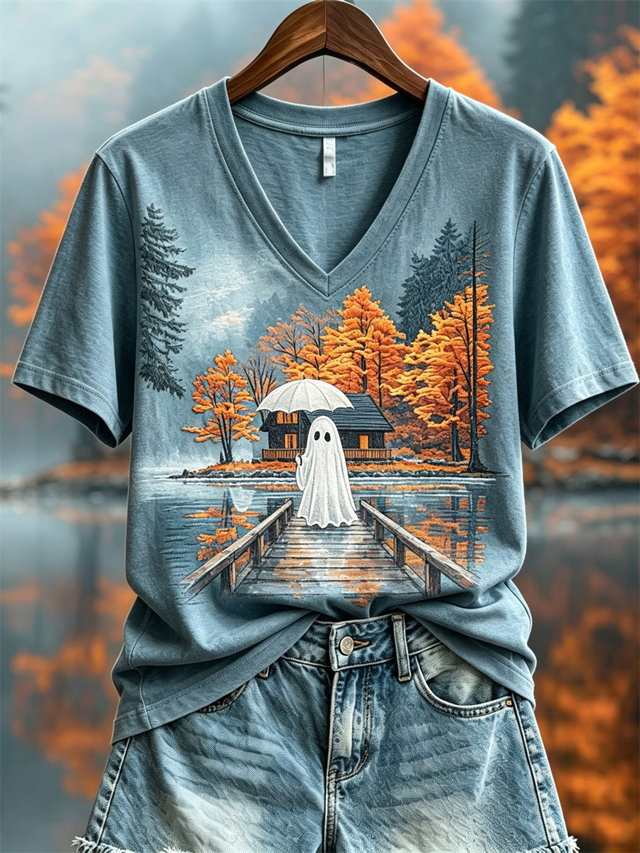 Women's Lovely Ghost Fall Cottage Landscape Print short-sleeved T-shirt