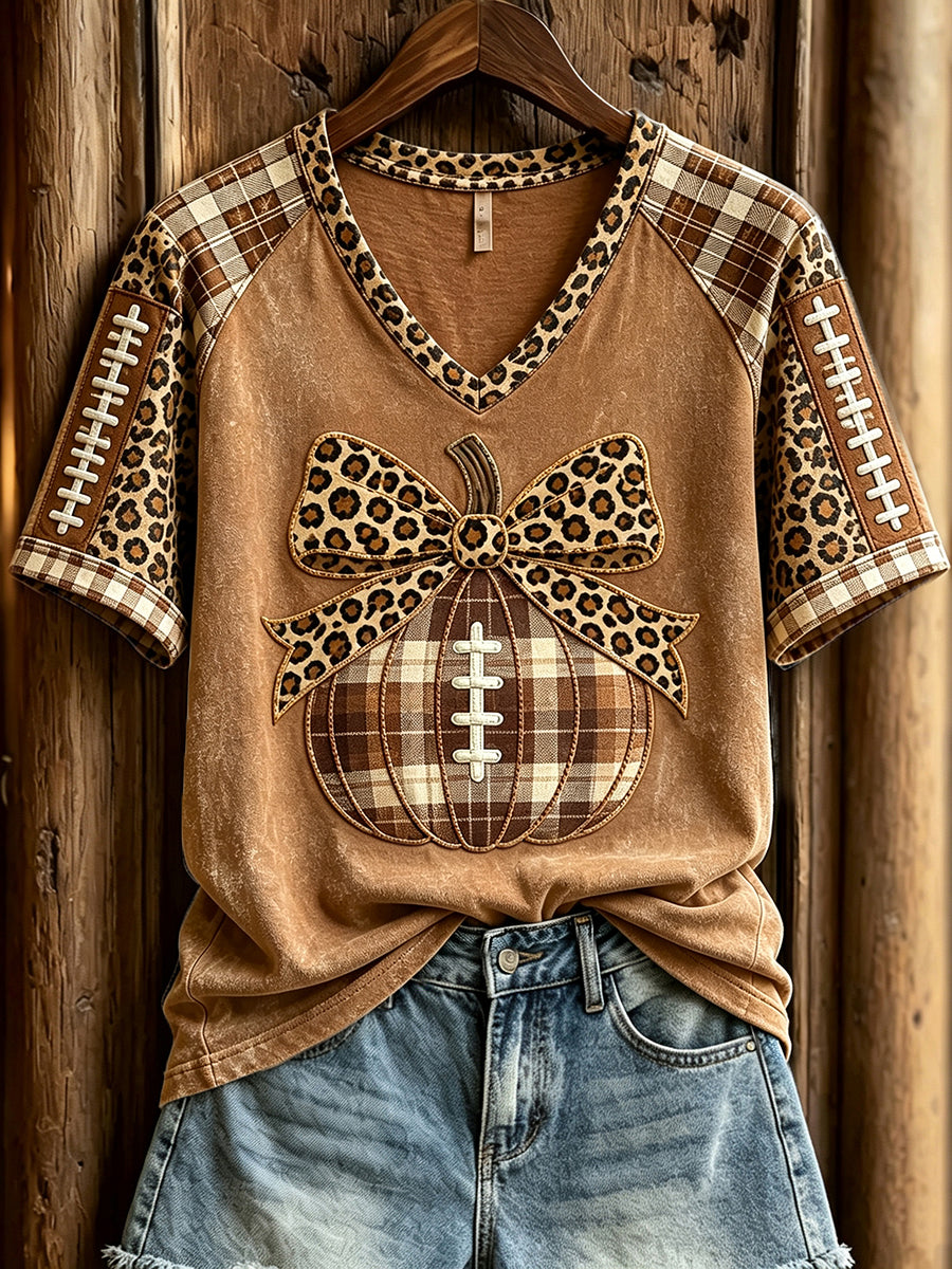 Women's Fall Football Pumpkin Leopard Print V-neck Short-sleeved T-shirt