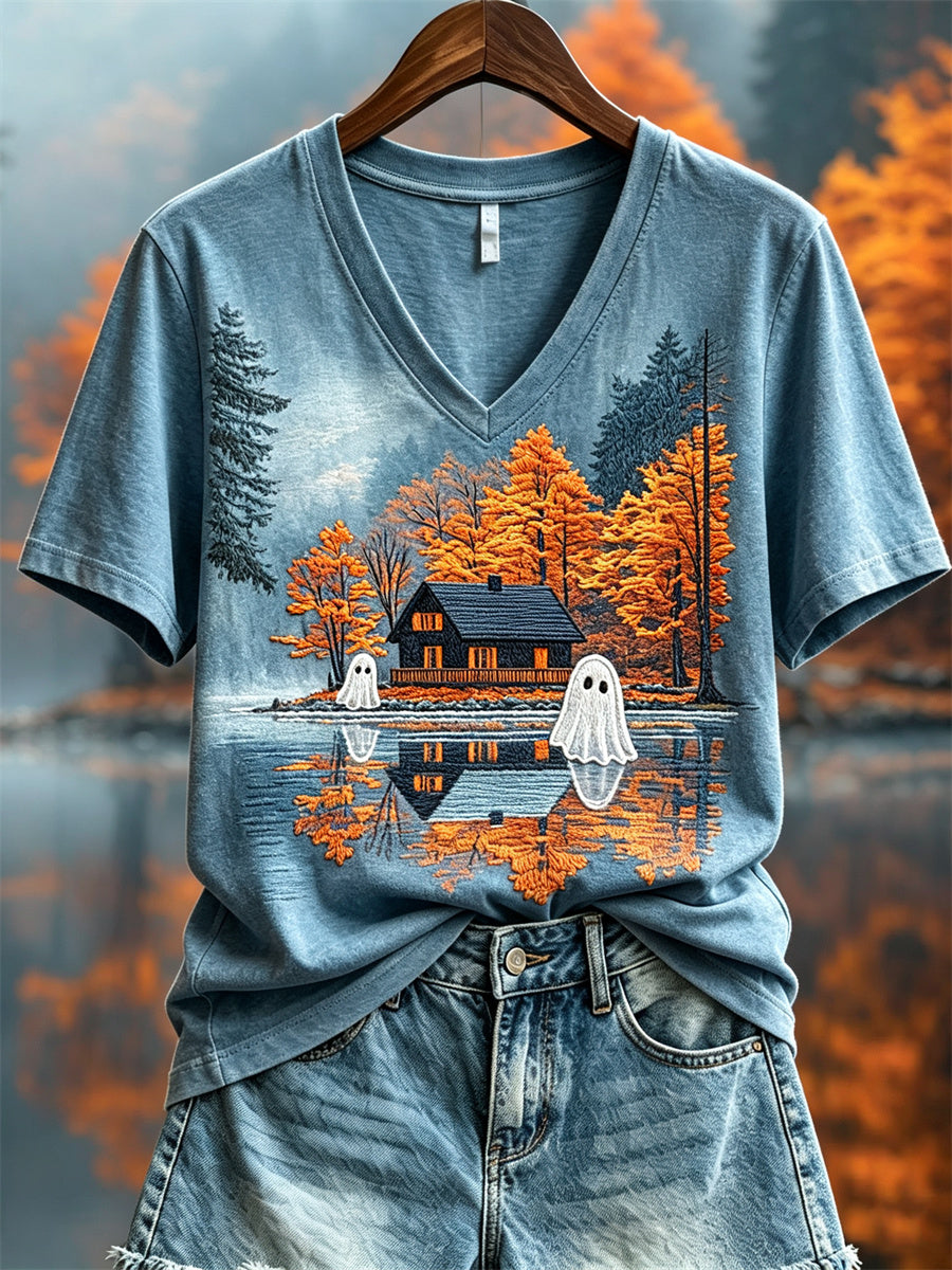 Women's Lovely Ghosts Fall Cottage Landscape Print short-sleeved T-shirt