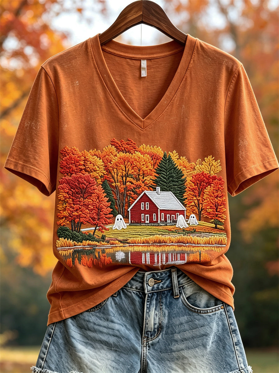 Women's Lovely Ghosts Fall Cottage Landscape Print short-sleeved T-shirt