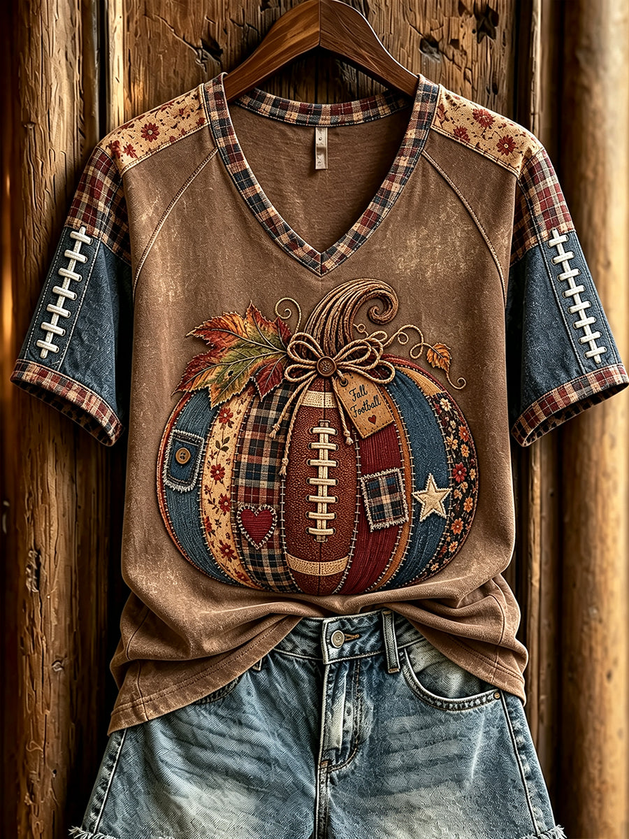Women's Fall Football Pumpkin Patchwork Print V-neck Short-sleeved T-shirt