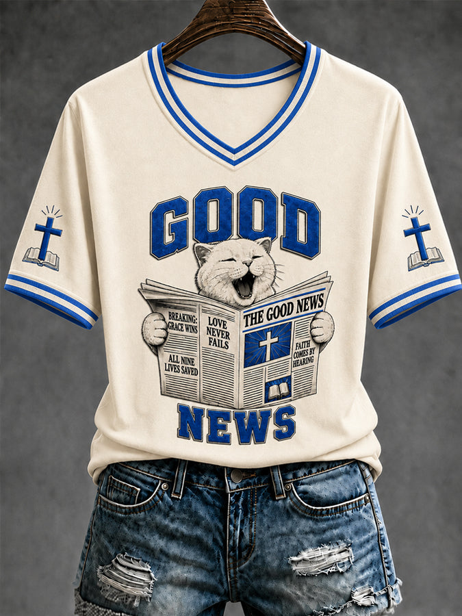 Women's Funny Christian Good News Cross V-Neck Short Sleeve T-shirt