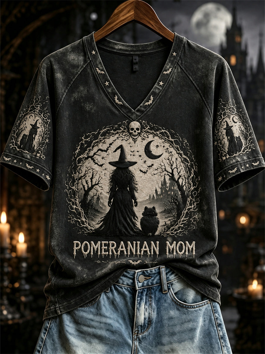 Women's Halloween Witch Pomeranian Mom Print short-sleeved T-shirt