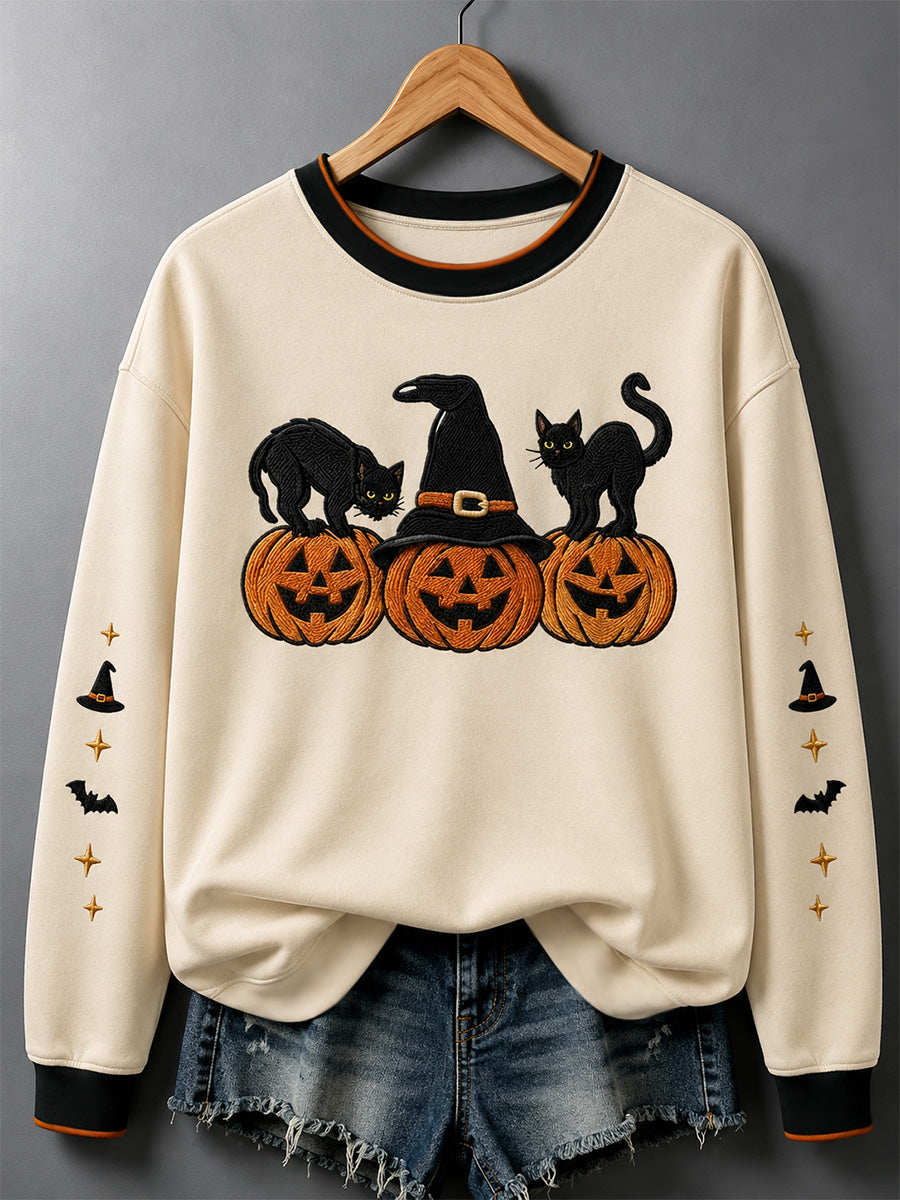 Women's Halloween Black Cat Pumpkin Print Sweatshirt