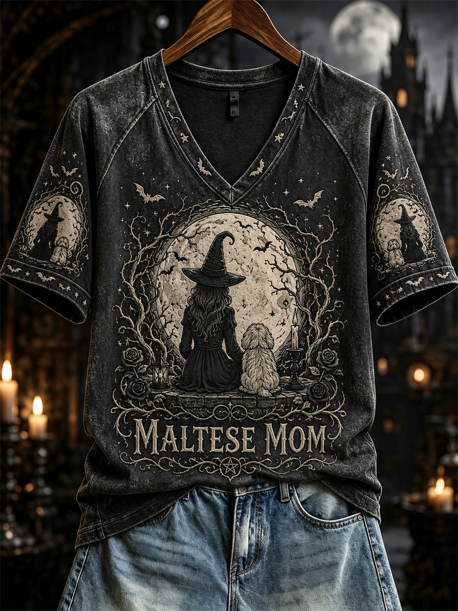 Women's Halloween Witch Maltese Mom Print short-sleeved T-shirt