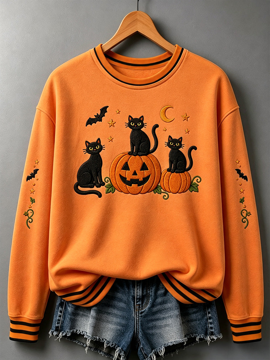 Women's Halloween Black Cat Pumpkin Print Sweatshirt