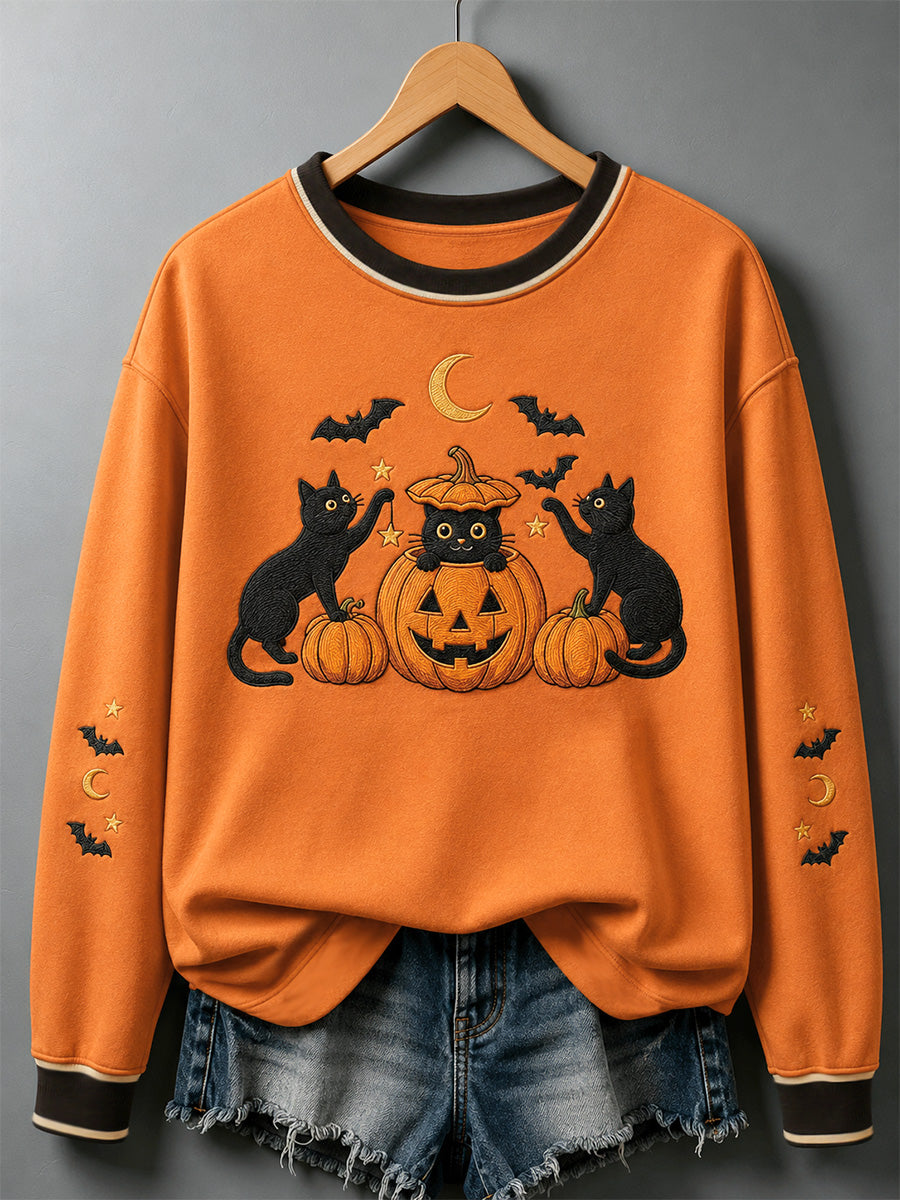 Women's Halloween Black Cat Pumpkin Print Sweatshirt
