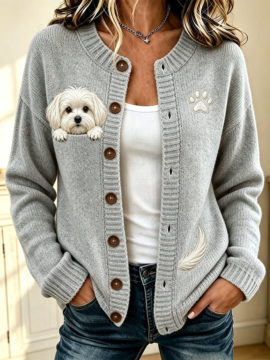 Women's Cute Peeking Maltese & Paw Print Cozy Cardigan