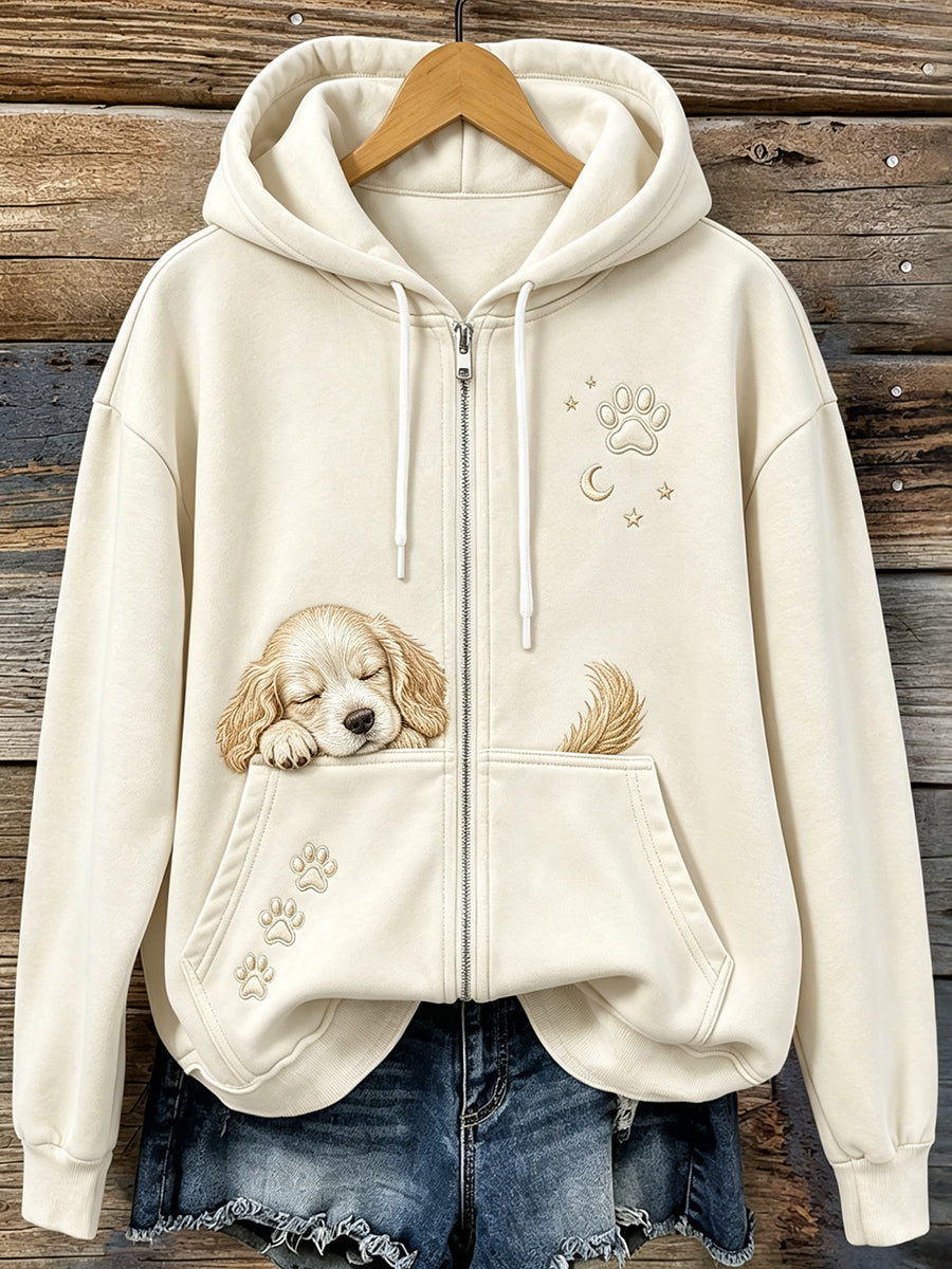 Women's Cute Sleeping Dog & Paws Print Cozy Zip-Up Hoodie