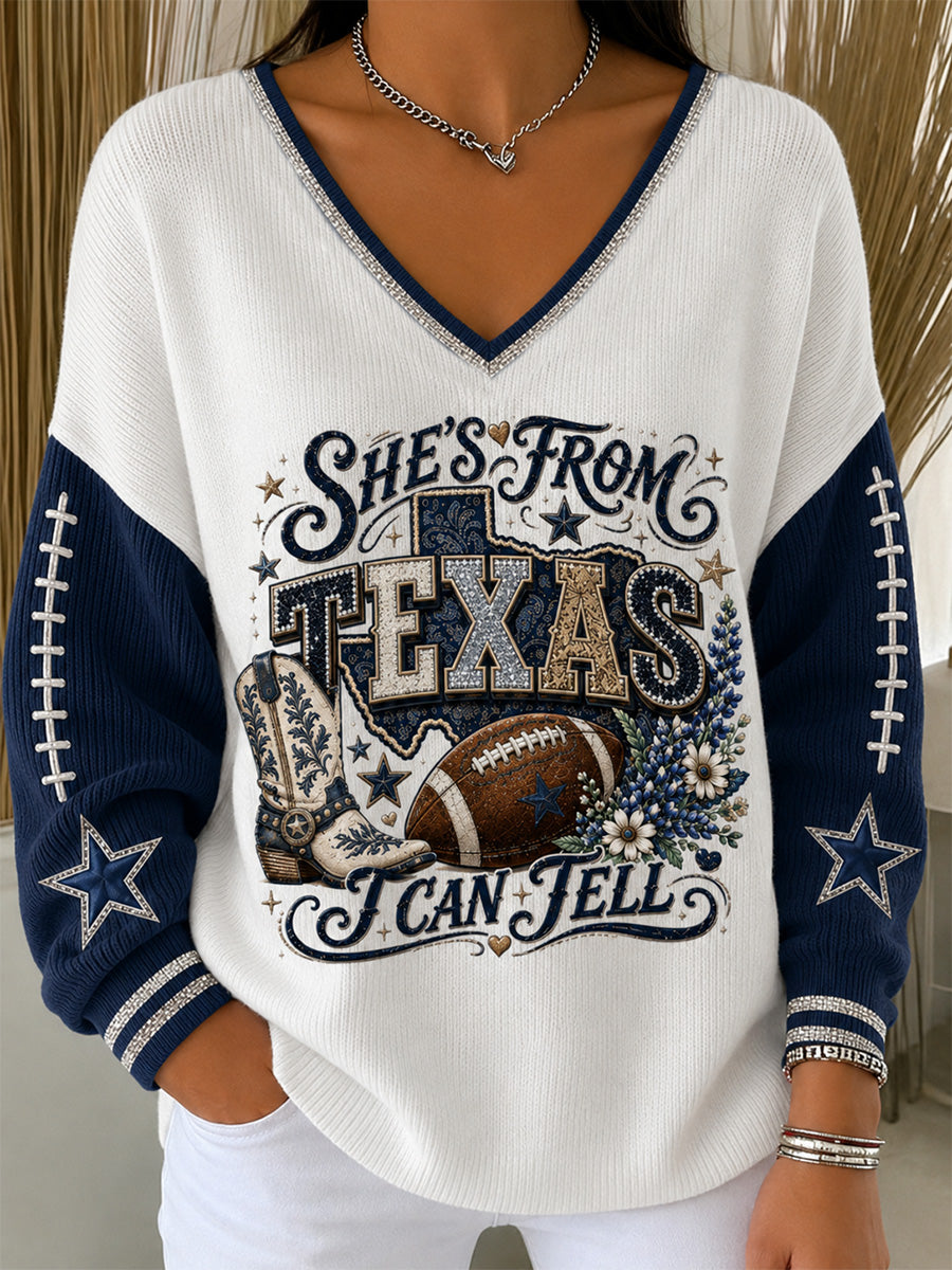 Women's Football Gameday Gift For Football Fans Casual V-Neck Ribbed Top