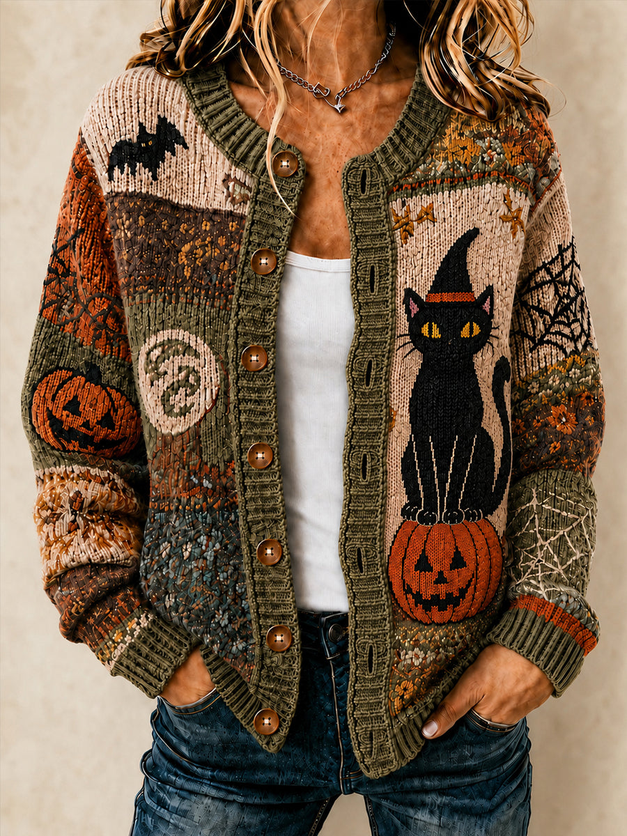 Women's Halloween Black Cat Witch Pumpkin Cardigan-Style Knit Jacket