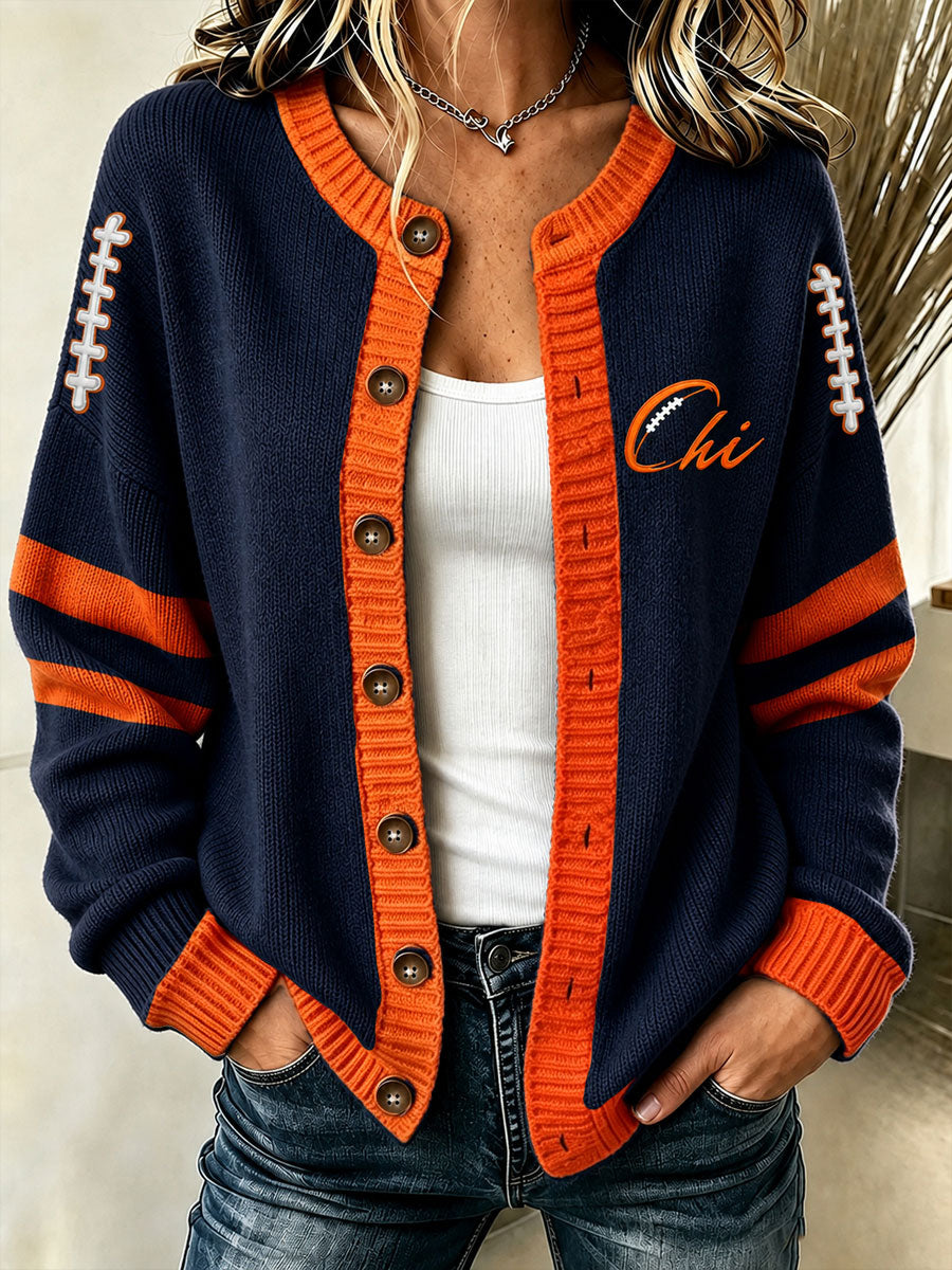 Women's Chicago Football Lover Bear Art Printed Cardigan-Style Knit Jacket