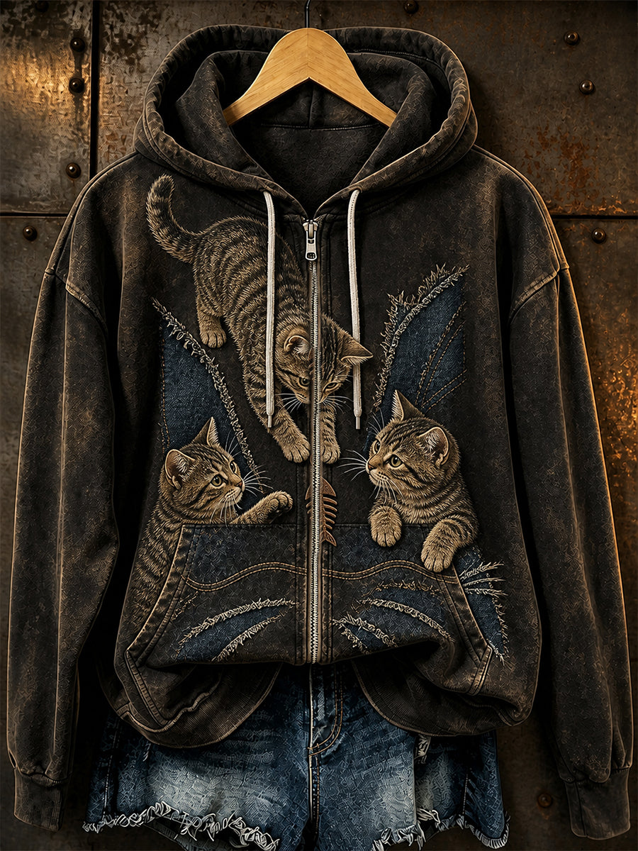 Retro Animal Print Casual Hooded Zip-Up Jacket