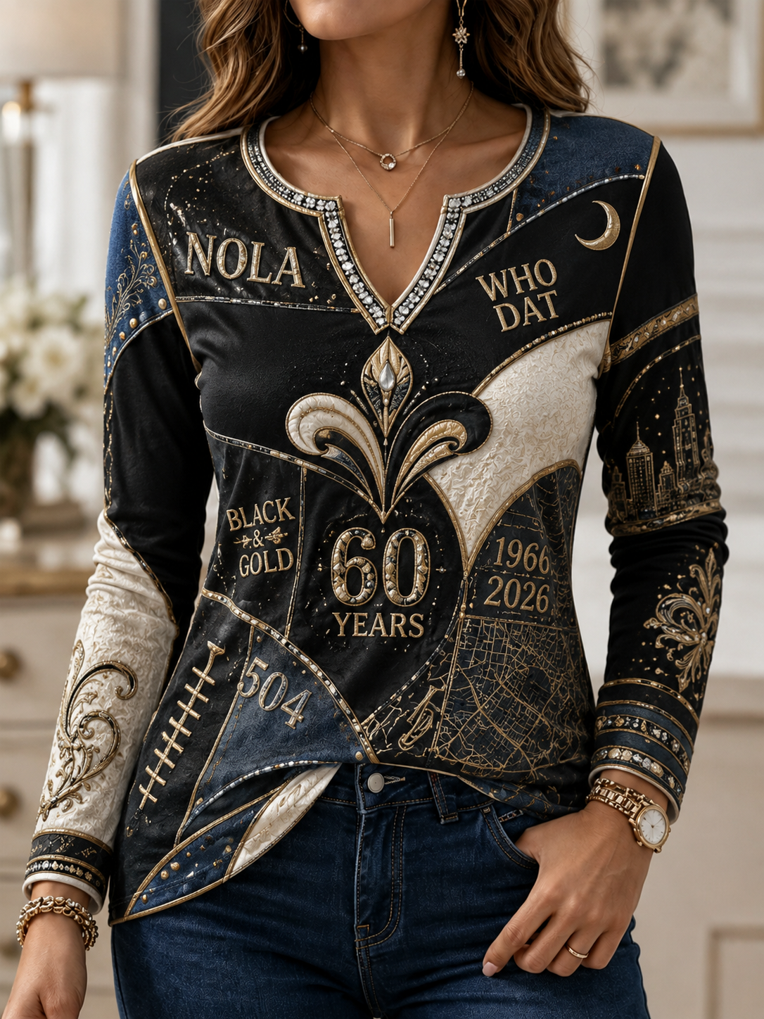 Women's New Orleans Saints Casual Patchwork V-Neck T-Shirt