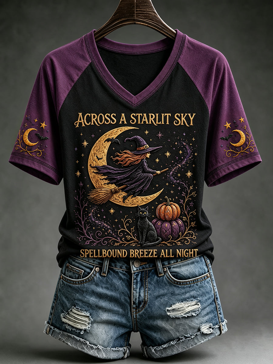 Women's Vintage Halloween Flying Witch Print V-neck Short-sleeved T-shirt