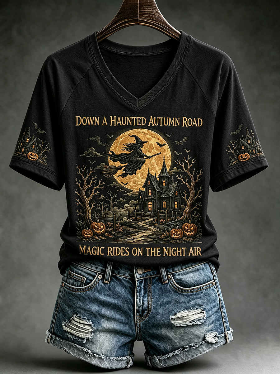 Women's Vintage Halloween Flying Witch Print V-neck Short-sleeved T-shirt