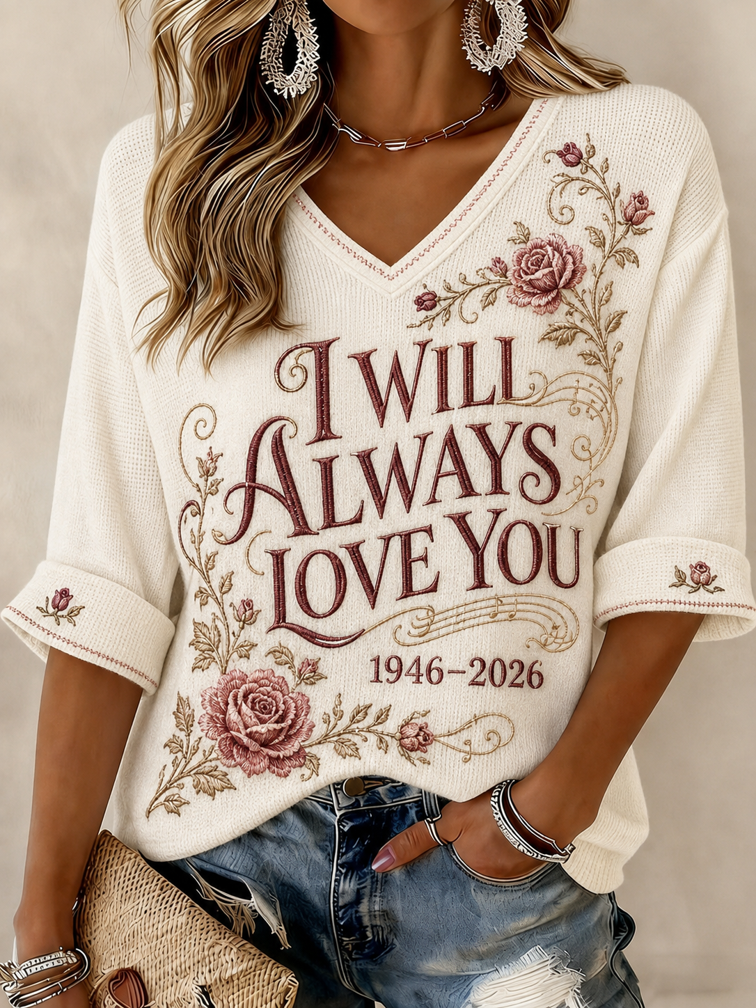 Women's I WILL ALWAYS LOVE YOU Printed Mid-length Sleeves V-neck T-shirt