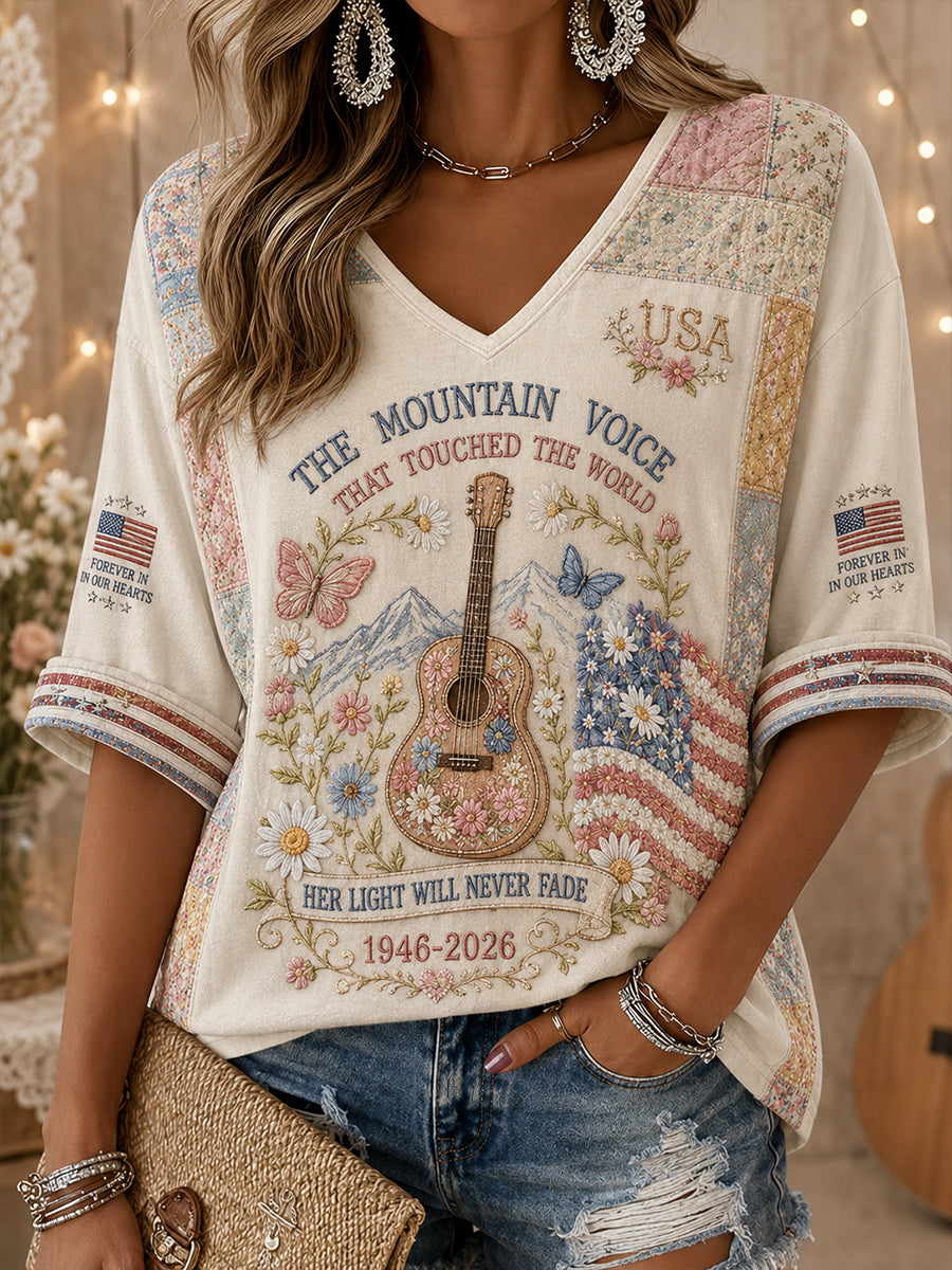 Women's Country Singer Tribute Graphic V-Neck Long-Sleeve Top