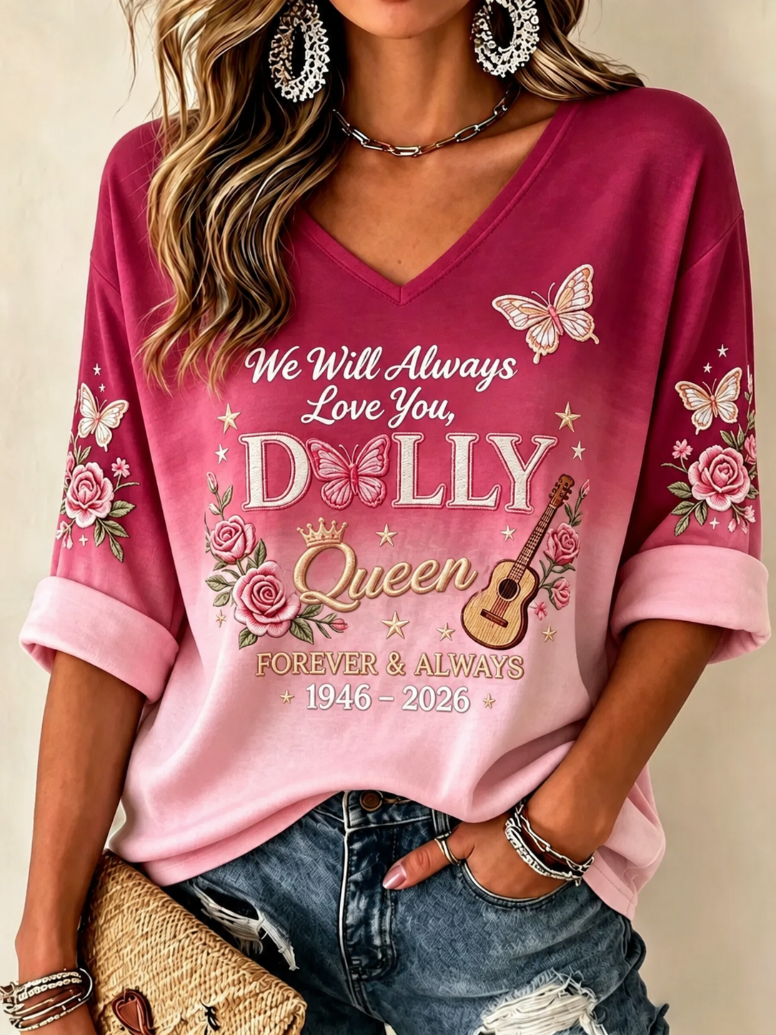 Women's Famous Singer Memorial Mid-length Sleeves V-Neck T-Shirt