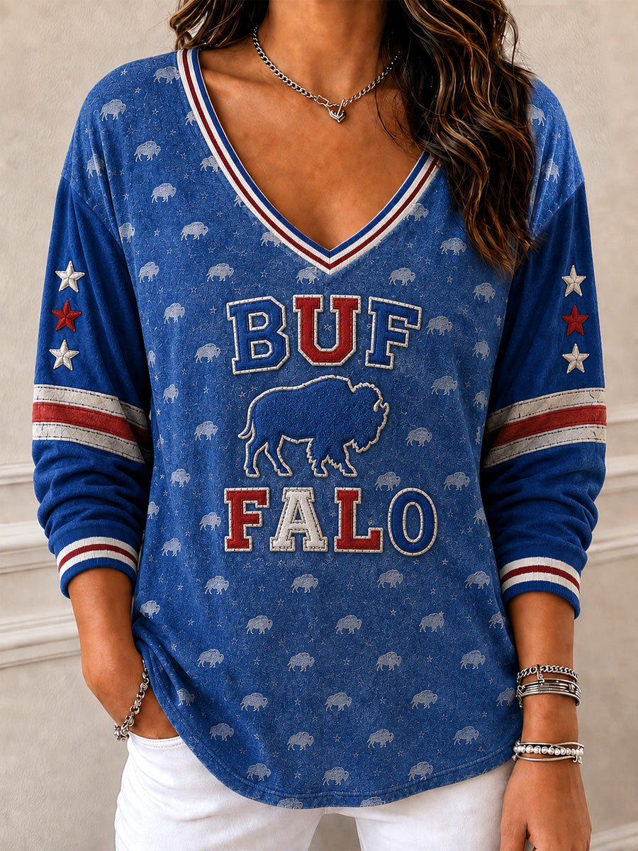 Women's Football Lover Buffalo Print Casual V-Neck Top