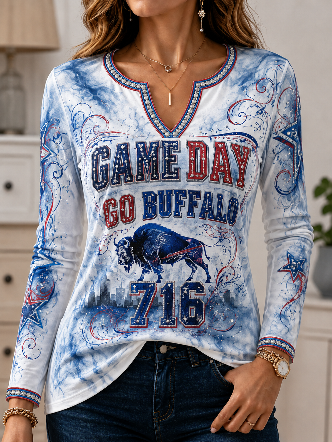 Women's Buffalo Bills Casual Patchwork V-Neck T-Shirt