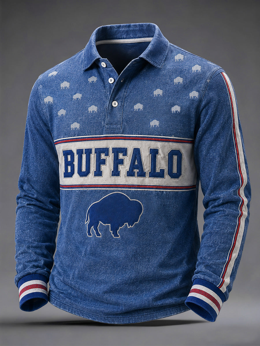 Men's Football Lover Buffalo Print Casual Long Sleeve Polo