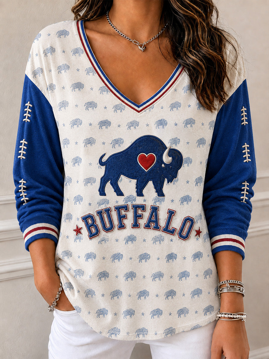 Women's Football Lover Buffalo Print Casual V-Neck Top