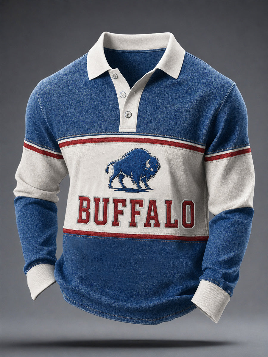 Men's Football Lover Buffalo Print Casual Long Sleeve Polo