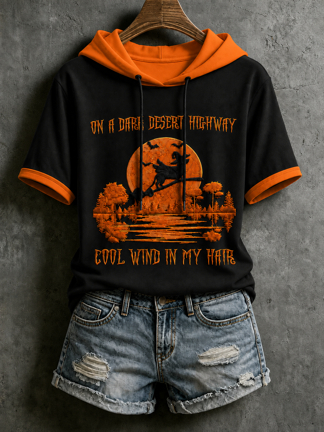 Women's Halloween Witch Embroidery Short-Sleeve Hooded T-Shirt