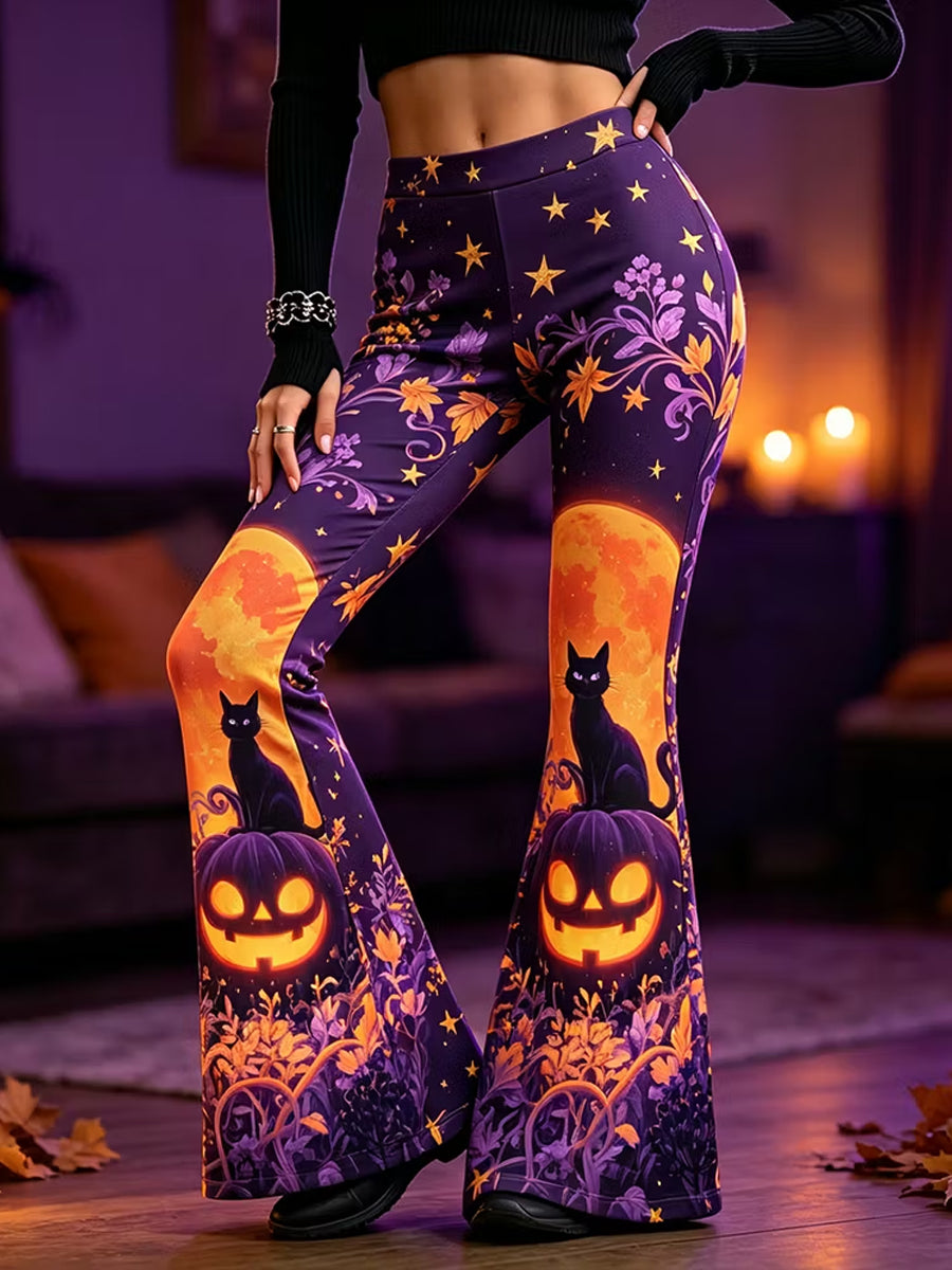 Women's Halloween Gothic Floral Cat Pumpkin Lantern Moon Printed Pants